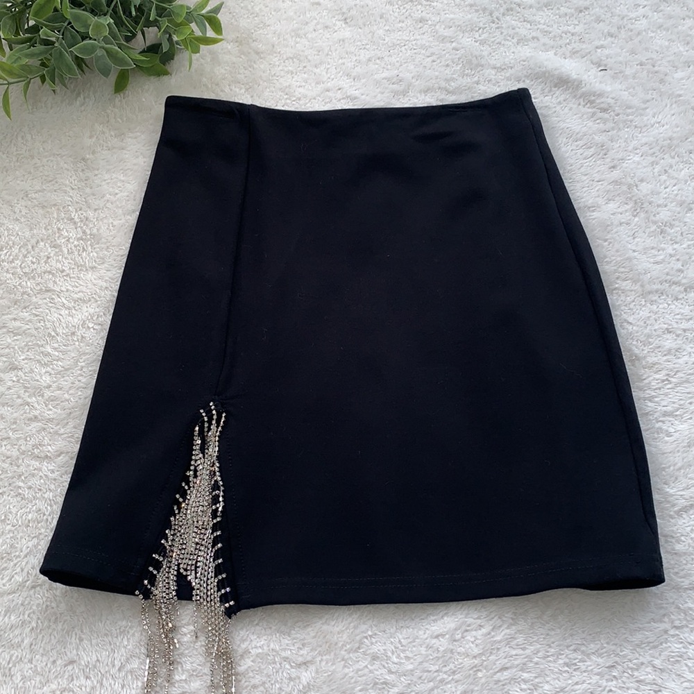SHEIN Black Mini Pencil Skirt Rhinestone Embellished XS 2 EUC - Picture 1 of 10